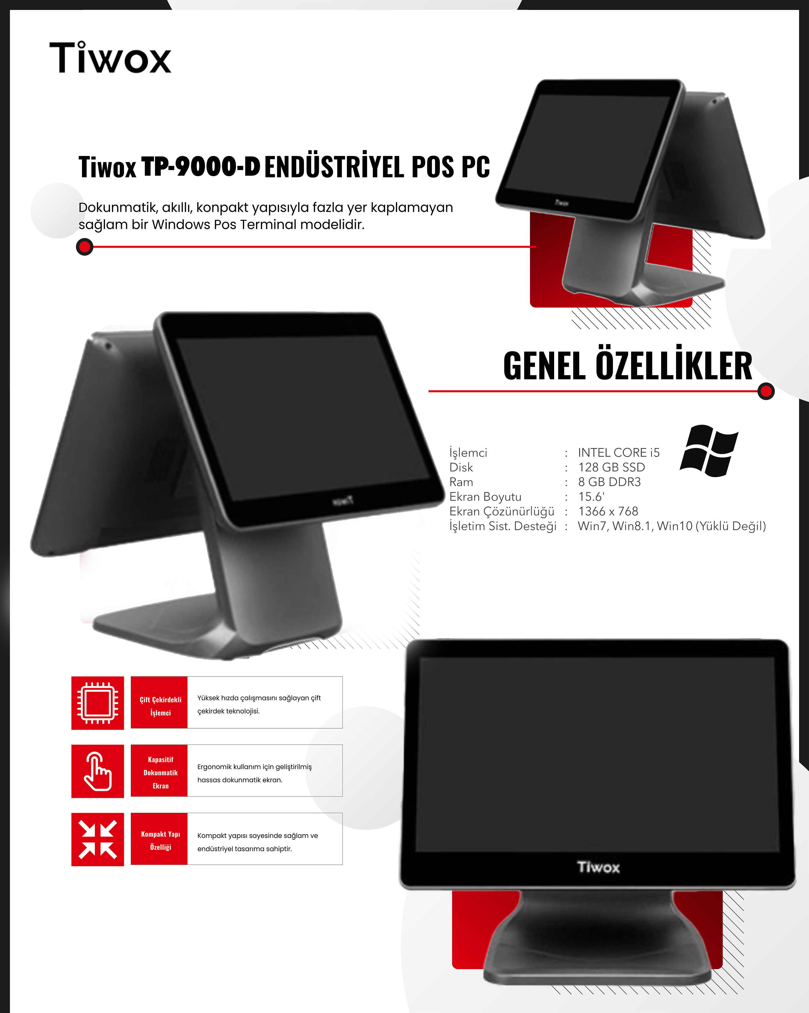 TIWOX 15.6" Dokunmatik (İki Ekranlı)  TP-9000D CORE i5 5.Nesil 8GB RAM- 128GB SSD- FDOS- POS PC
