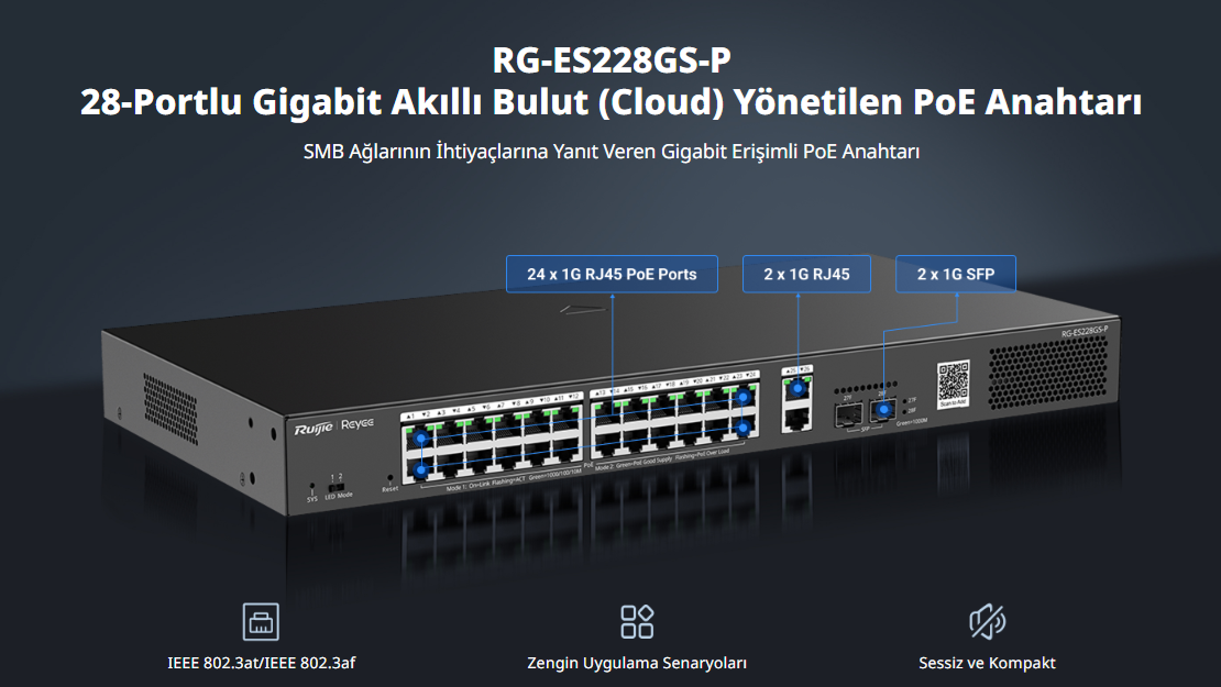 RUIJIE 24port PoE 370w 2-SFP Gigabit Yönetilebilir Switch RG-ES228GS-P