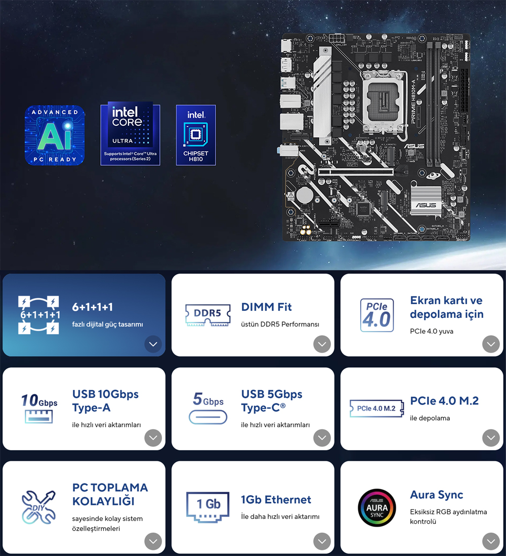 ASUS PRIME H810M-A-CSM DDR5 HDMI-DP PCIE 4.0 1851p mATX Kurumsal Anakart