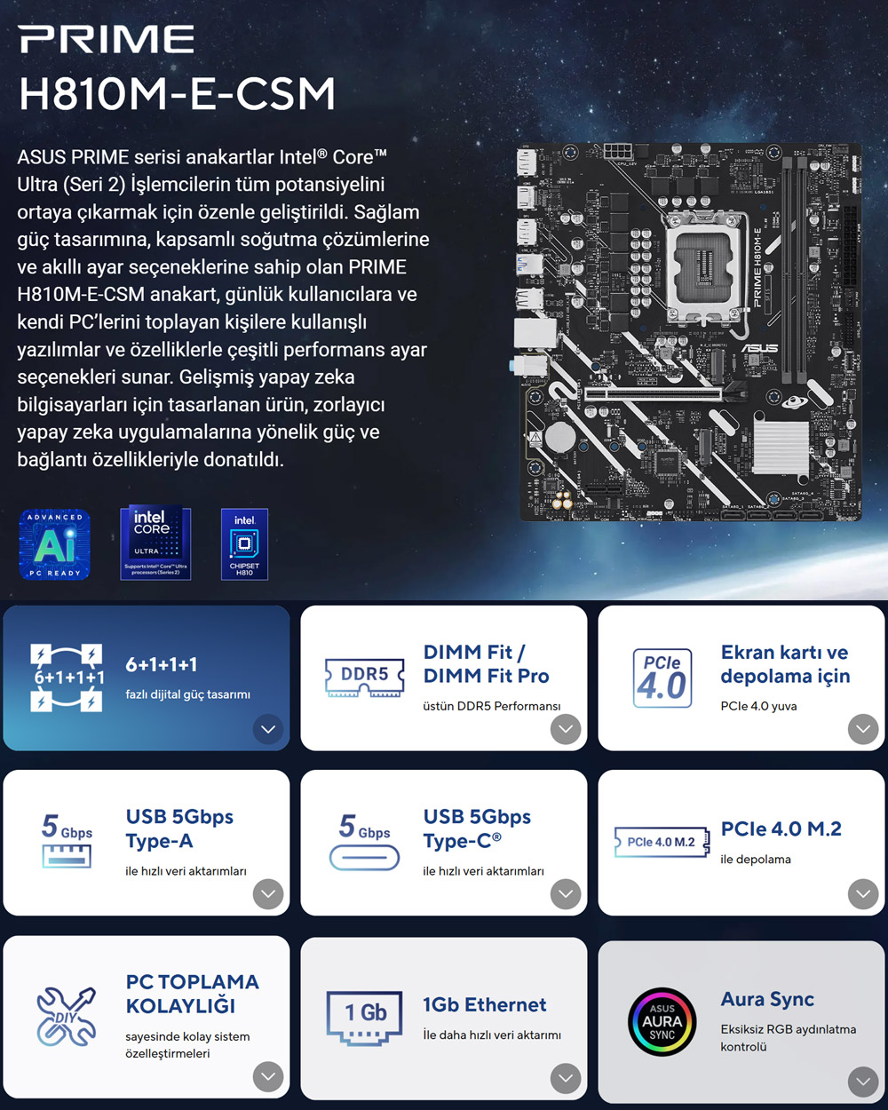 ASUS PRIME H810M-E-CSM DDR5 HDMI-DP PCIE 4.0 1851p mATX Kurumsal Anakart