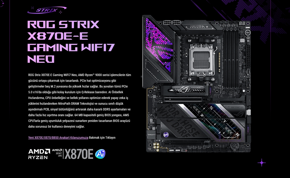 ASUS ROG STRIX X870E-E GAMING WIFI7 NEO DDR5 HDMI PCIE 5.0 AM5 ATX Anakart