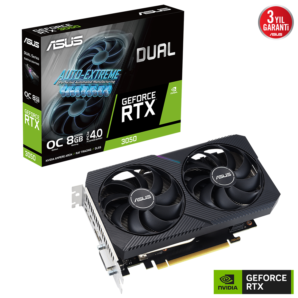 ASUS 8GB DUAL RTX3050-O8G-V2 GDDR6 96bit HDMI-DP PCIE 4.0 ikinci görünüm