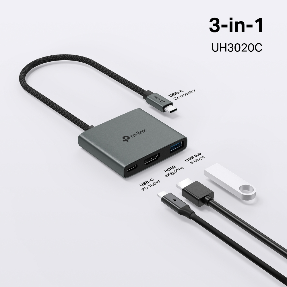 TP-LINK UH3020C USB Type-C 3-Port USB 3.0 + Gigabit Ethernet Adaptörlü Hub