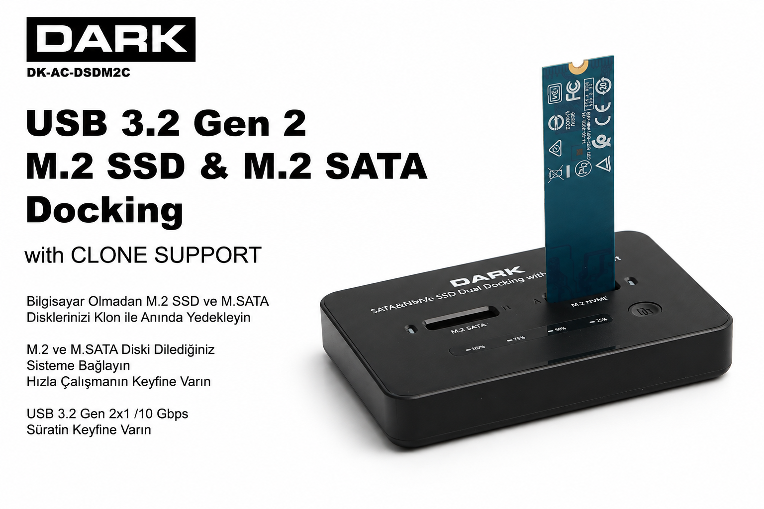 DARK DK-AC-DSDM2C Çift Yuvalı M.2 NVMe & M.2 SATA USB 3.2 Gen2 Type-C Bilgisayarsız (Offline) SSD Klonlama ve Docking Station