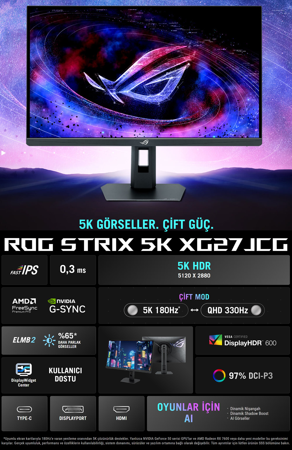 ASUS 27" FAST IPS ROG STRIX 5K XG27JCG 0.3MS DUAL 180-330HZ HDMI-DP TYPEC Gaming Monitör 5120x2880  / 90LM0CE0-B01371