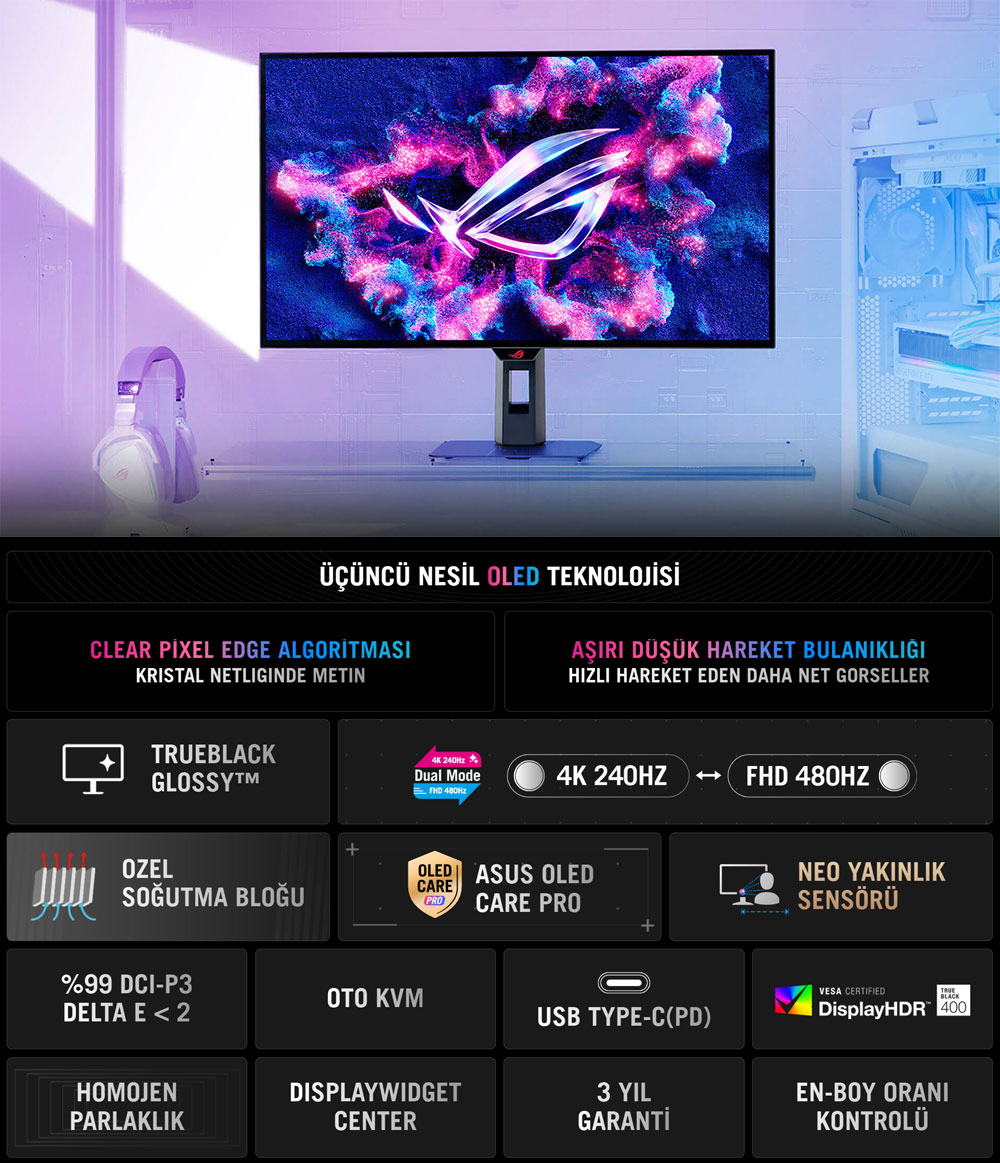 ASUS 31.5" OLED XG32UCWMG 0.03MS 240-480HZ HDMI-DP Gaming Monitör 3840x2160 / 90LM0BW0-B01371