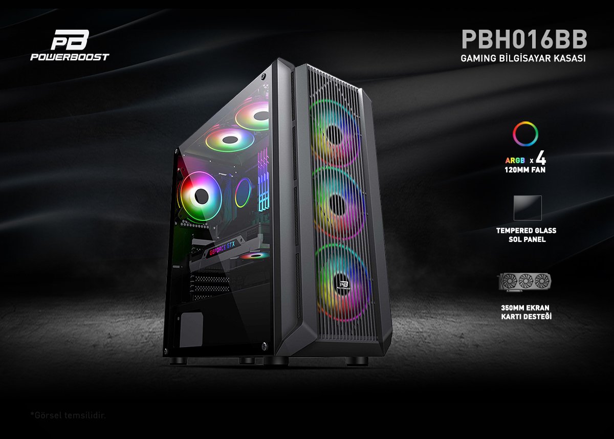 POWERBOOST PB-PH016BB ARGB 4-Fanlı Gaming EATX PC Kasası