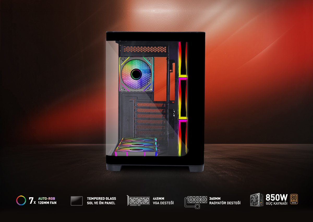 GAMEBOOSTER 850w 80+ BRONZE GB-G2852B-850W Gaming Mid-Tower PC Kasası Siyah 7-Fanlı