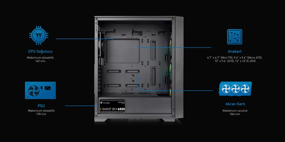 THERMALTAKE 650W 80+ BRONZE V290 TG CA-3Z7-65M1WE-00 3-ARGB FANLI Gaming Mid-Tower PC Kasası