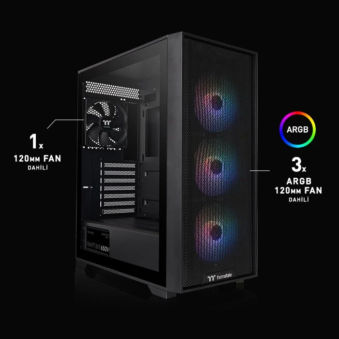 THERMALTAKE 650W 80+ BRONZE V290 TG CA-3Z7-65M1WE-00 3-ARGB FANLI Gaming Mid-Tower PC Kasası