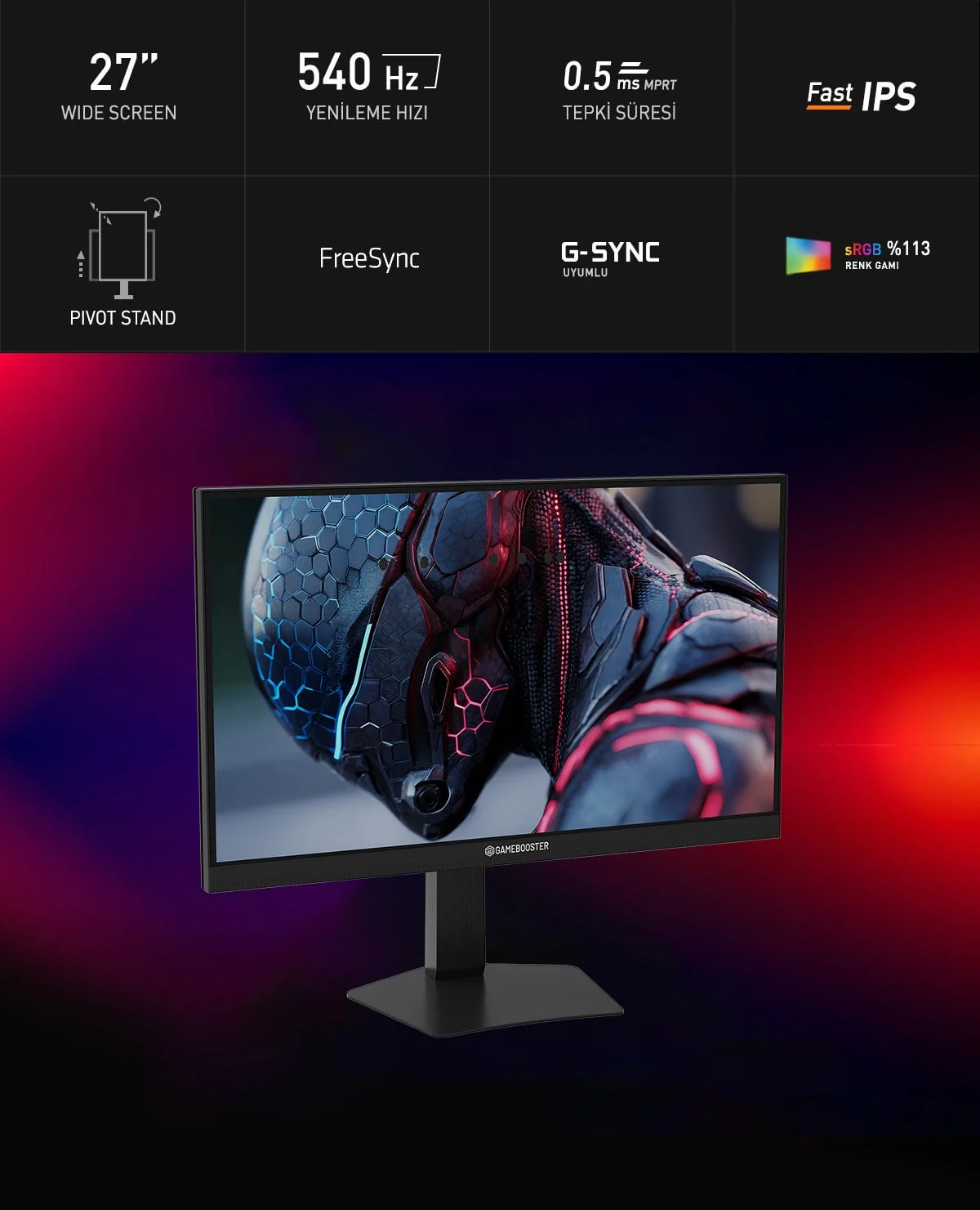 GAMEBOOSTER 27" FAST IPS GB-27F540FP 0.5MS 540Hz HDMI-DP Pivot Gaming Monitör 1920x1080