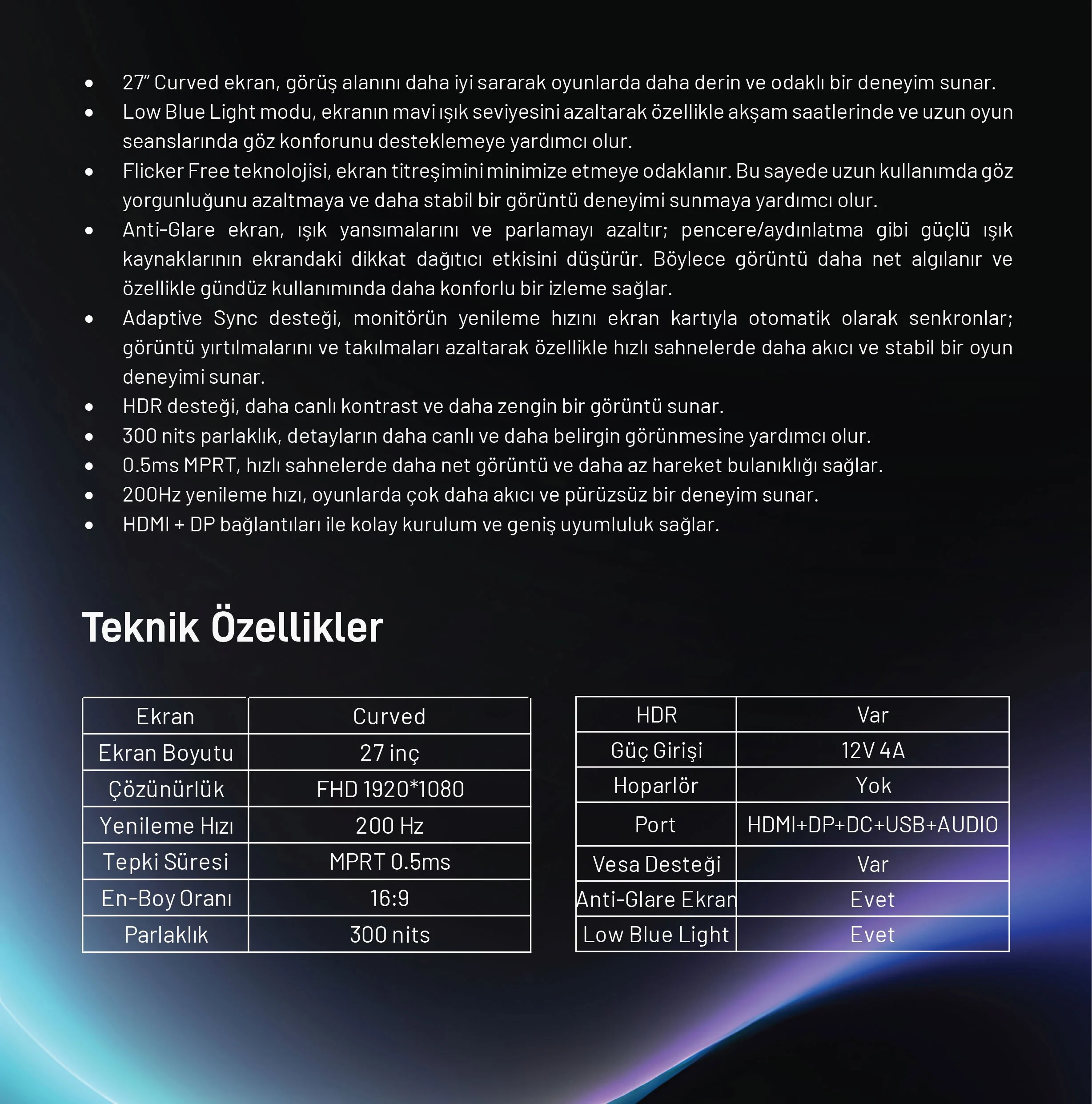 GAMEBOOSTER 27" VA LYRIS FF20 GB-27M1F200CFMR 0.5MS 200Hz HDMI-DP Kavisli Gaming Monitör 1920x1080