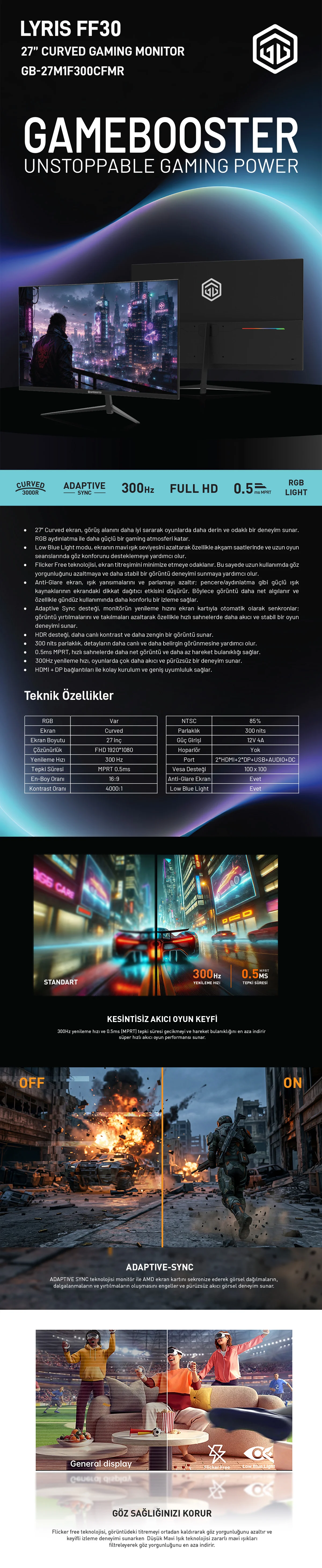 GAMEBOOSTER 27" VA LYRIS FF30 GB-27M1F300CFMR 0.5MS 300Hz HDMI-DP Kavisli Gaming Monitör 1920x1080