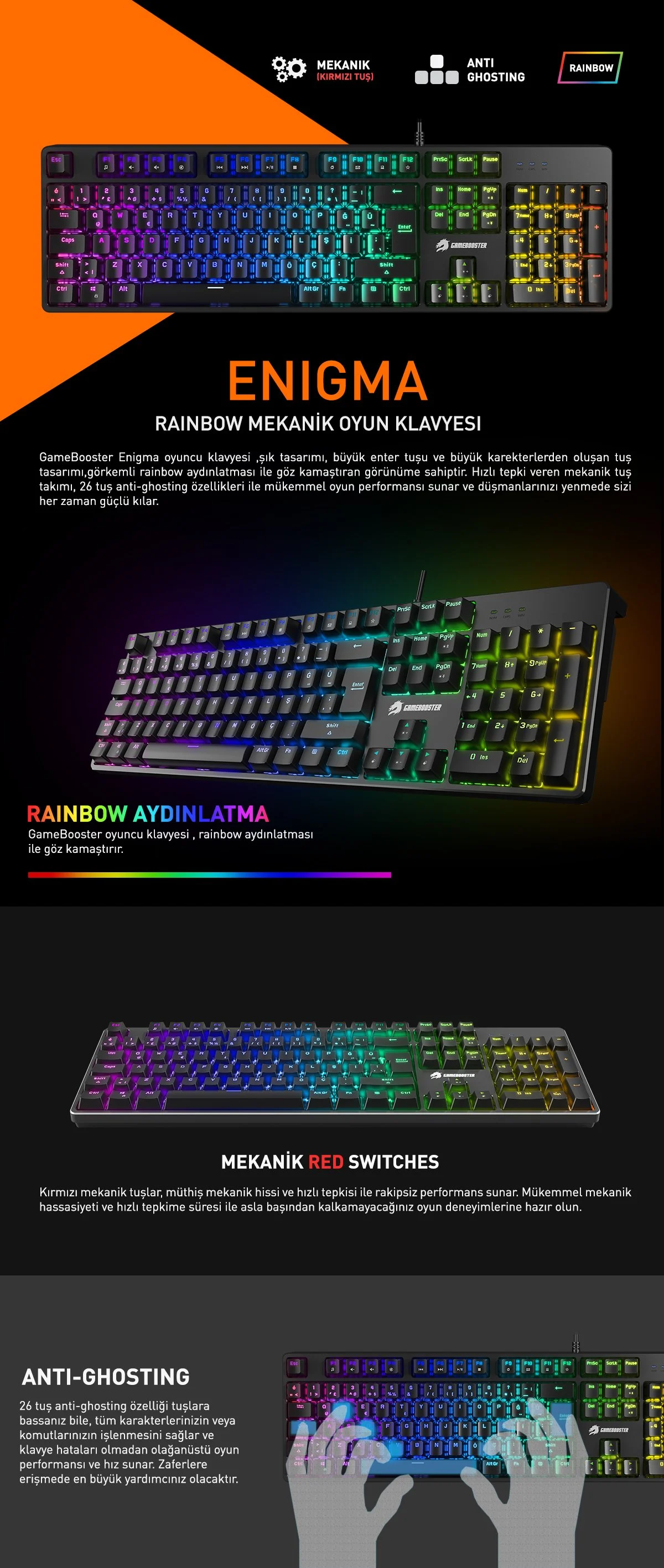 GAMEBOOSTER G24B Enigma Rainbow Aydınlatmalı Red Switch Mekanik Siyah Oyun Klavyesi