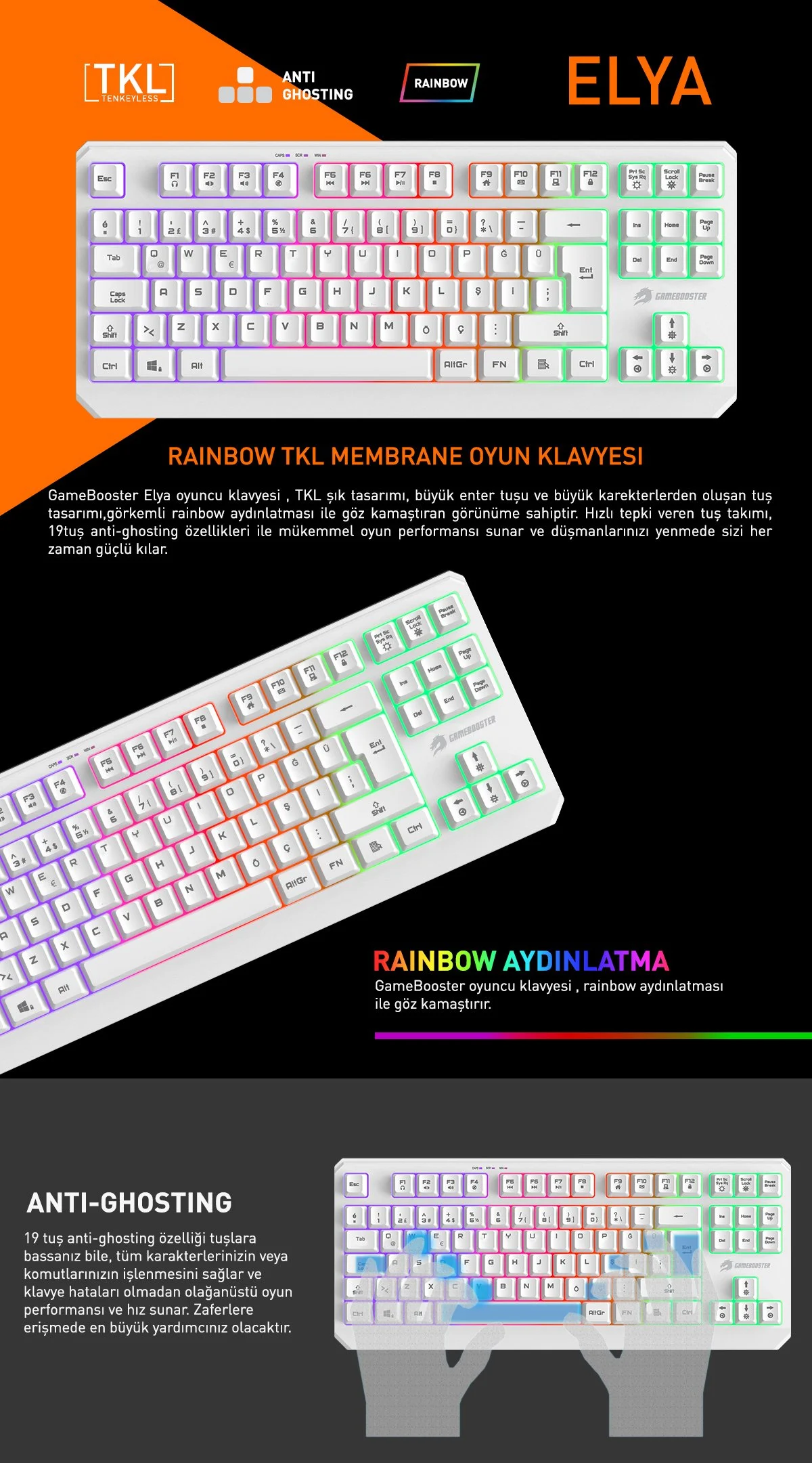 GAMEBOOSTER G75 ELYA Rainbow Aydınlatmalı Beyaz TKL Membrane Oyun Klavyesi