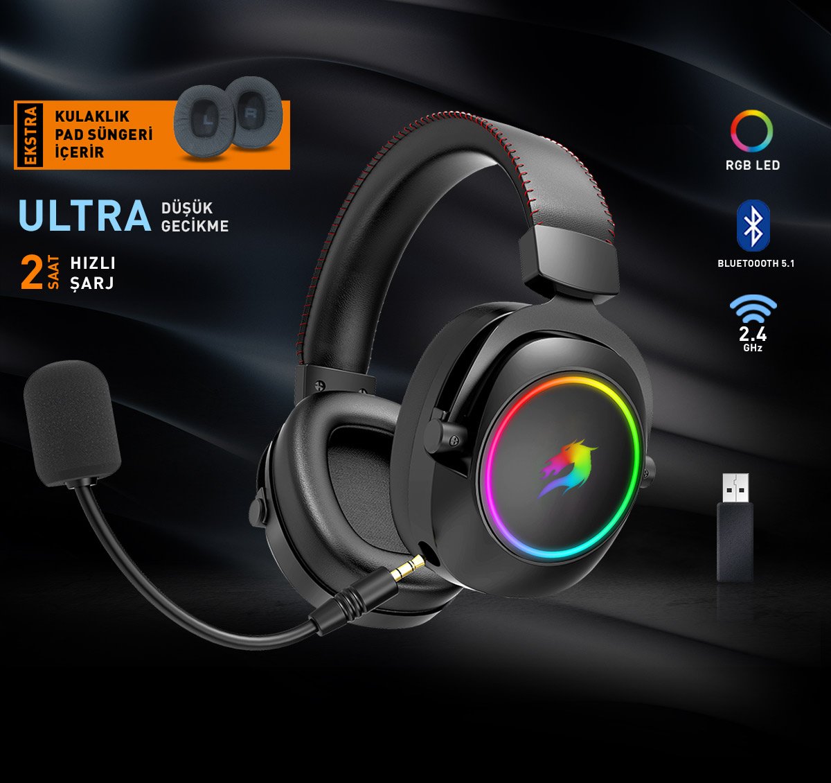 GAMEBOOSTER WBH44  RGB Wireless 2.4G+BT Siyah Oyuncu Kulaklığı