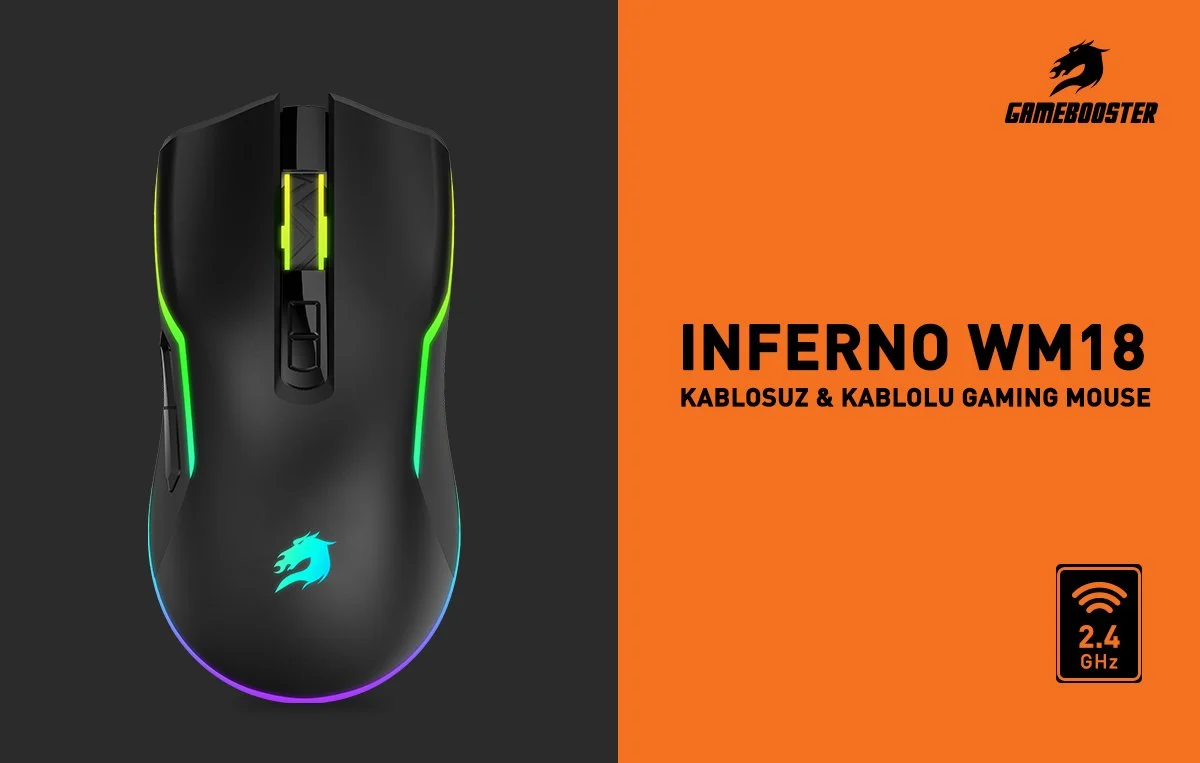 GAMEBOOSTER M18 Inferno 2.4ghz Kablosuz RGB Aydınlatmalı Siyah Profesyonel Gaming Mouse
