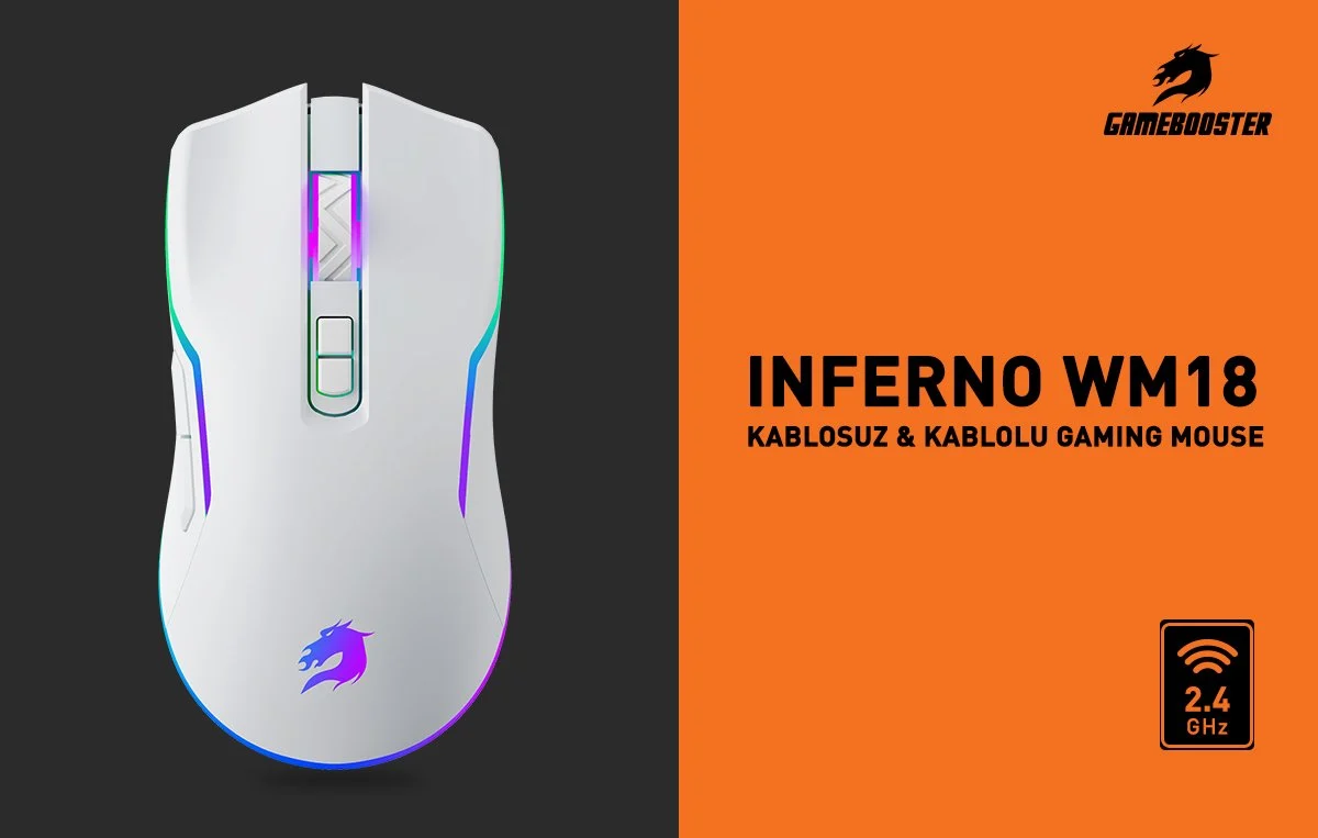GAMEBOOSTER M18 Inferno 2.4ghz Kablosuz RGB Aydınlatmalı Beyaz Profesyonel Gaming Mouse