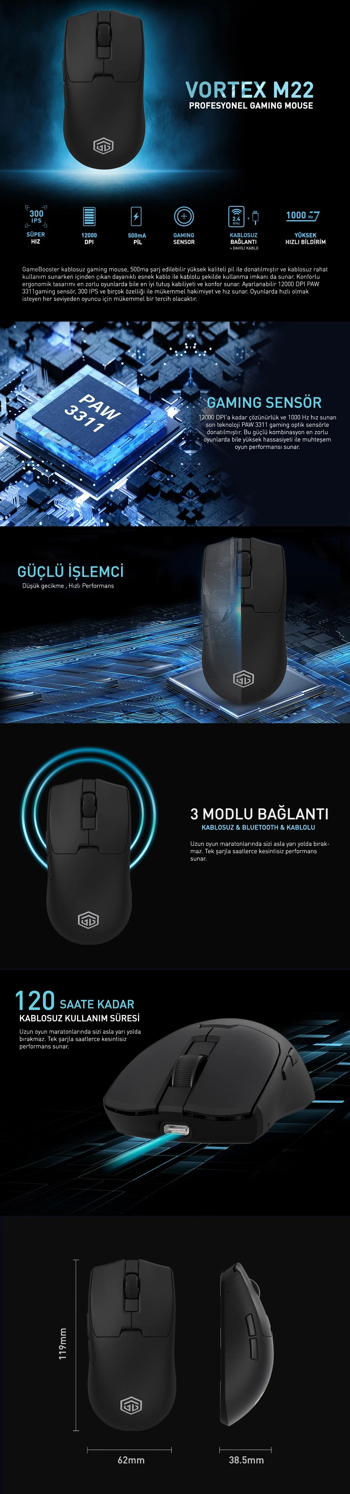 GAMEBOOSTER M22 Vortex MINI 2.4ghz Kablosuz Siyah Profesyonel Gaming Mouse