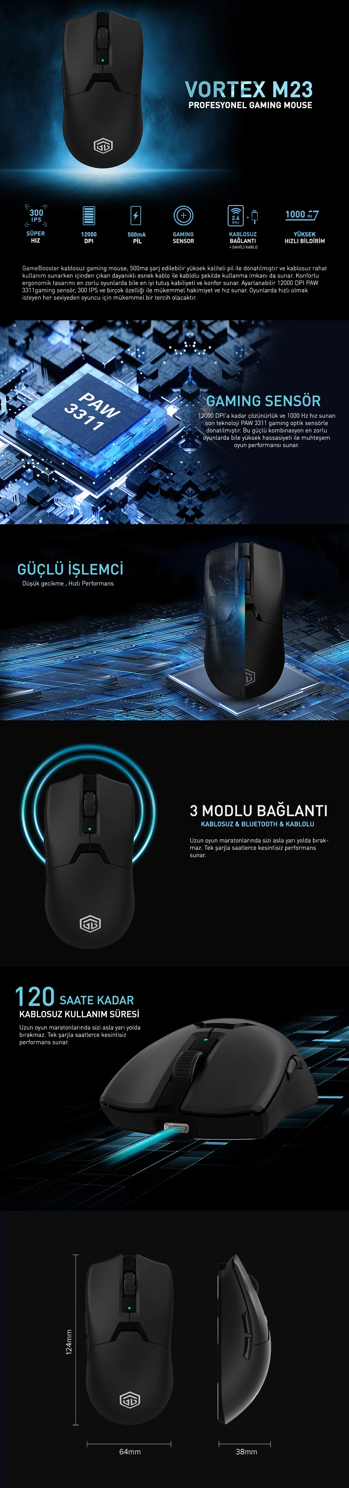 GAMEBOOSTER M23 Vortex 2.4ghz Kablosuz Siyah Profesyonel Gaming Mouse