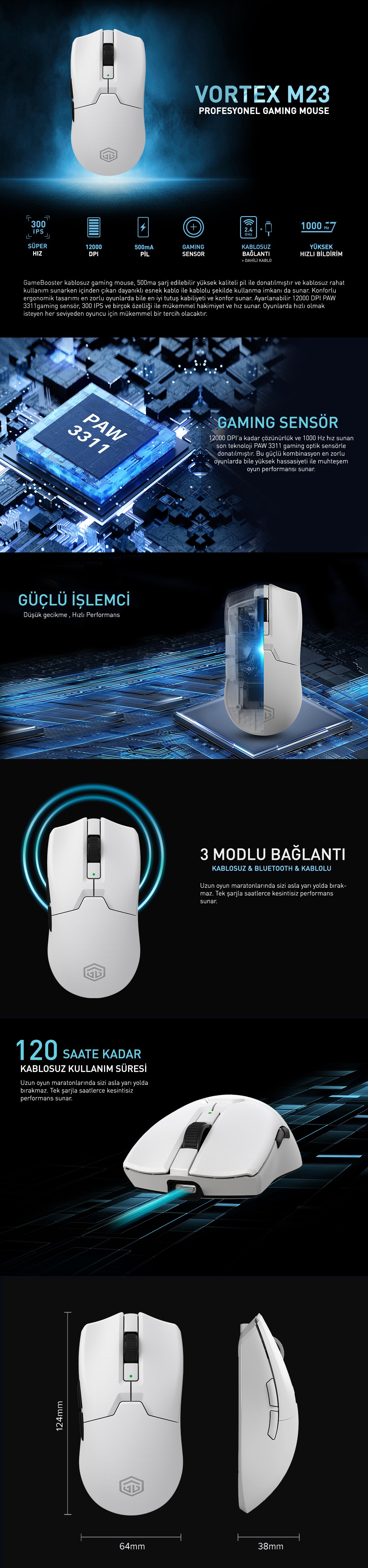 GAMEBOOSTER M23 Vortex 2.4ghz Kablosuz Beyaz Profesyonel Gaming Mouse