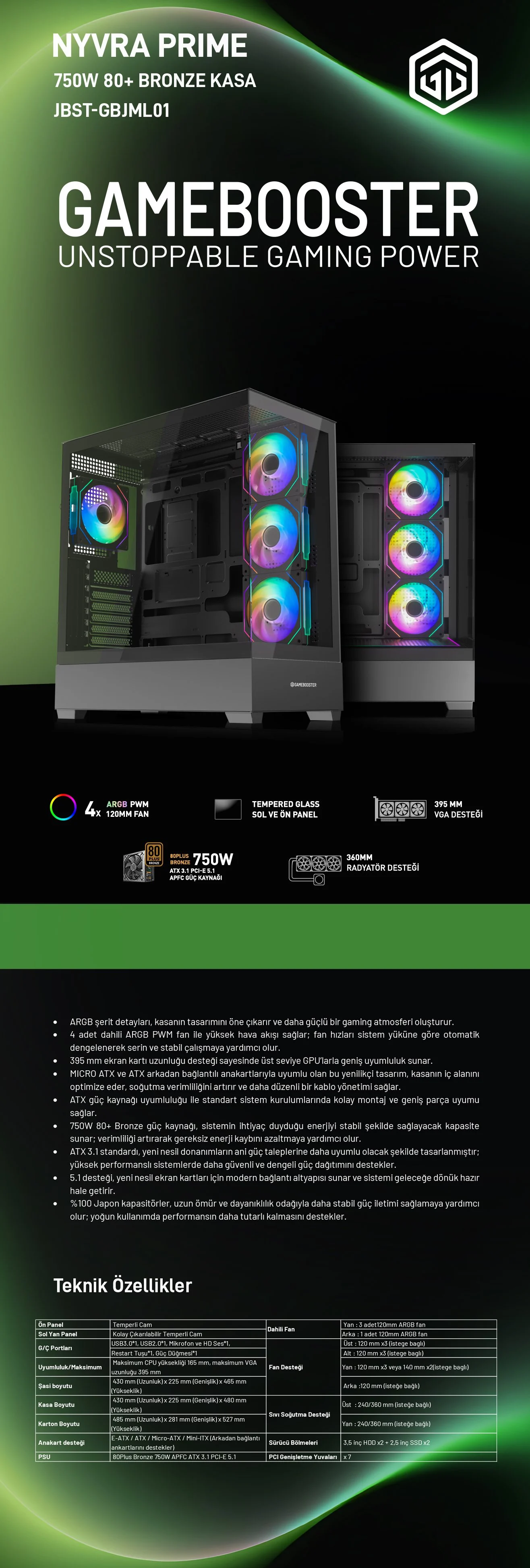 GAMEBOOSTER 750W 80+ BRONZE NYVRA PRIME JBST-GBJML01 4-ARGB Fanlı Gaming EATX PC Kasası