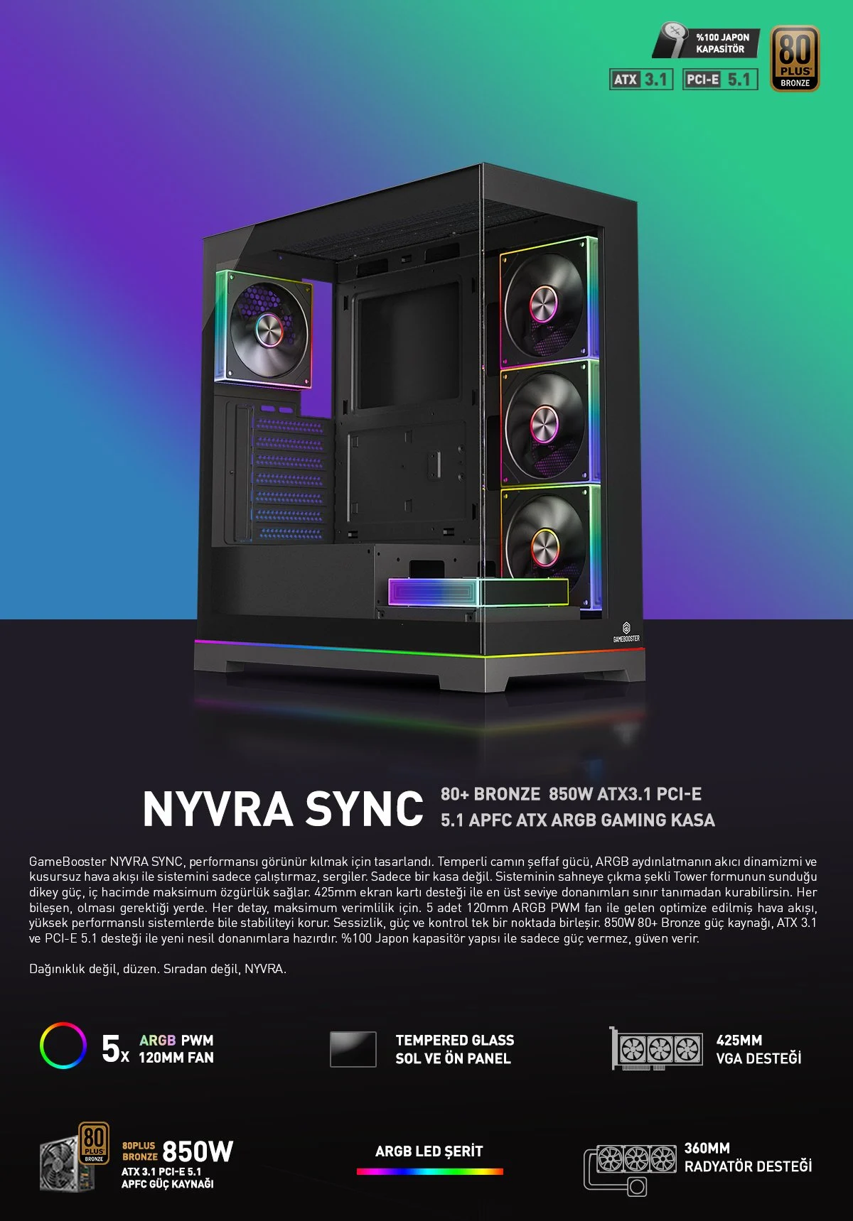 GAMEBOOSTER 850W 80+ BRONZE NYVRA SYNC JBST-GBJML07 4-ARGB Fanlı Gaming Mid-Tower PC Kasası