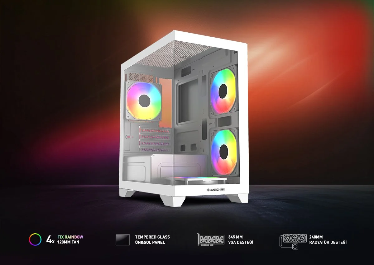 GAMEBOOSTER 600W GB-M6001W 4-Rainbow Fanlı Gaming Mid-Tower PC Kasası Beyaz