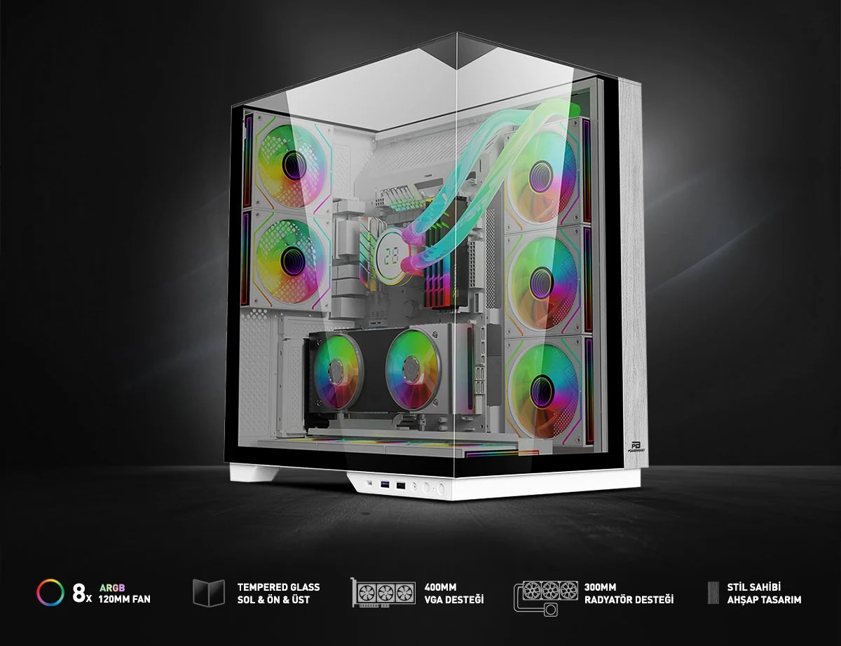 POWERBOOST ECLIPSE JBST-PBA100W 8-ARGB Fanlı Gaming Mid-Tower PC Kasası Beyaz