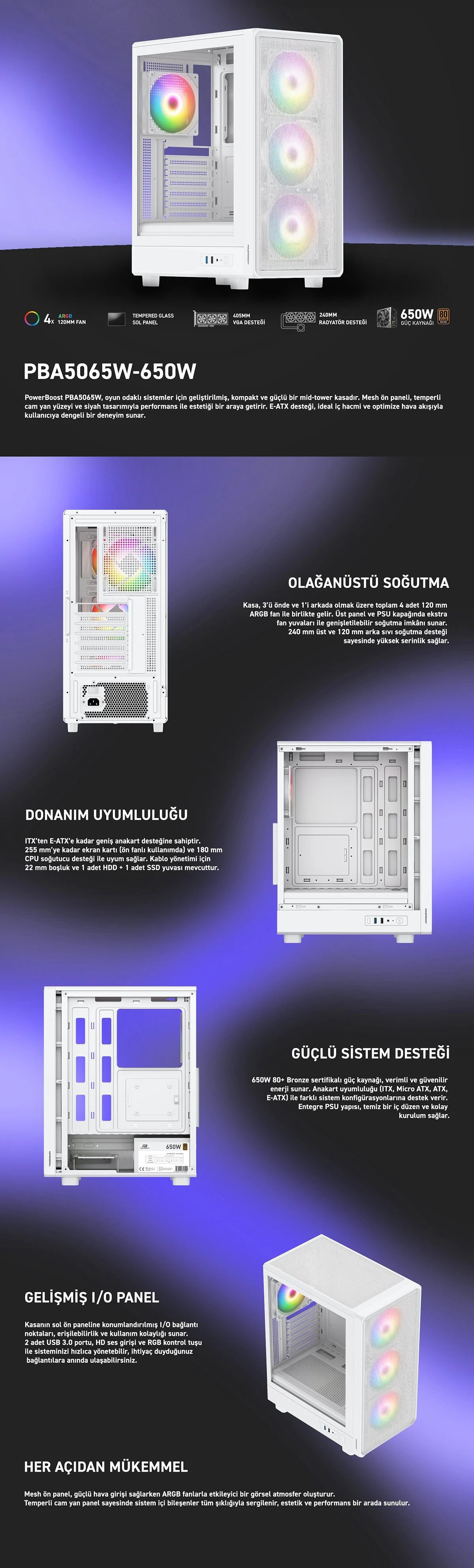 POWERBOOST 650W 80+ BRONZE PB-A5065W-650w 4-ARGB Fanlı Gaming Mid-Tower PC Kasası