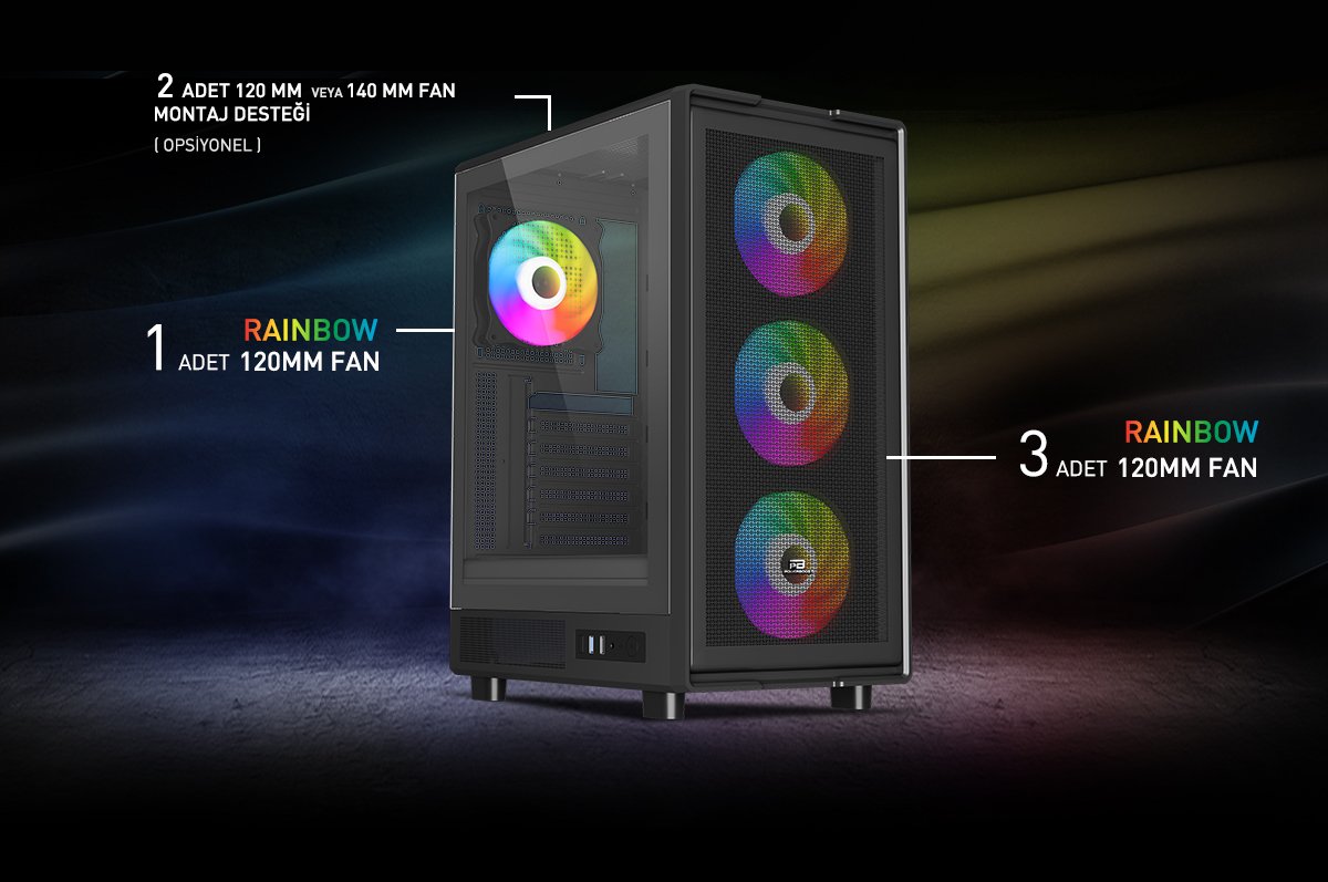 POWERBOOST 600W 80+ A601B 4-Rainbow Fanlı Gaming Mid-Tower PC Kasası