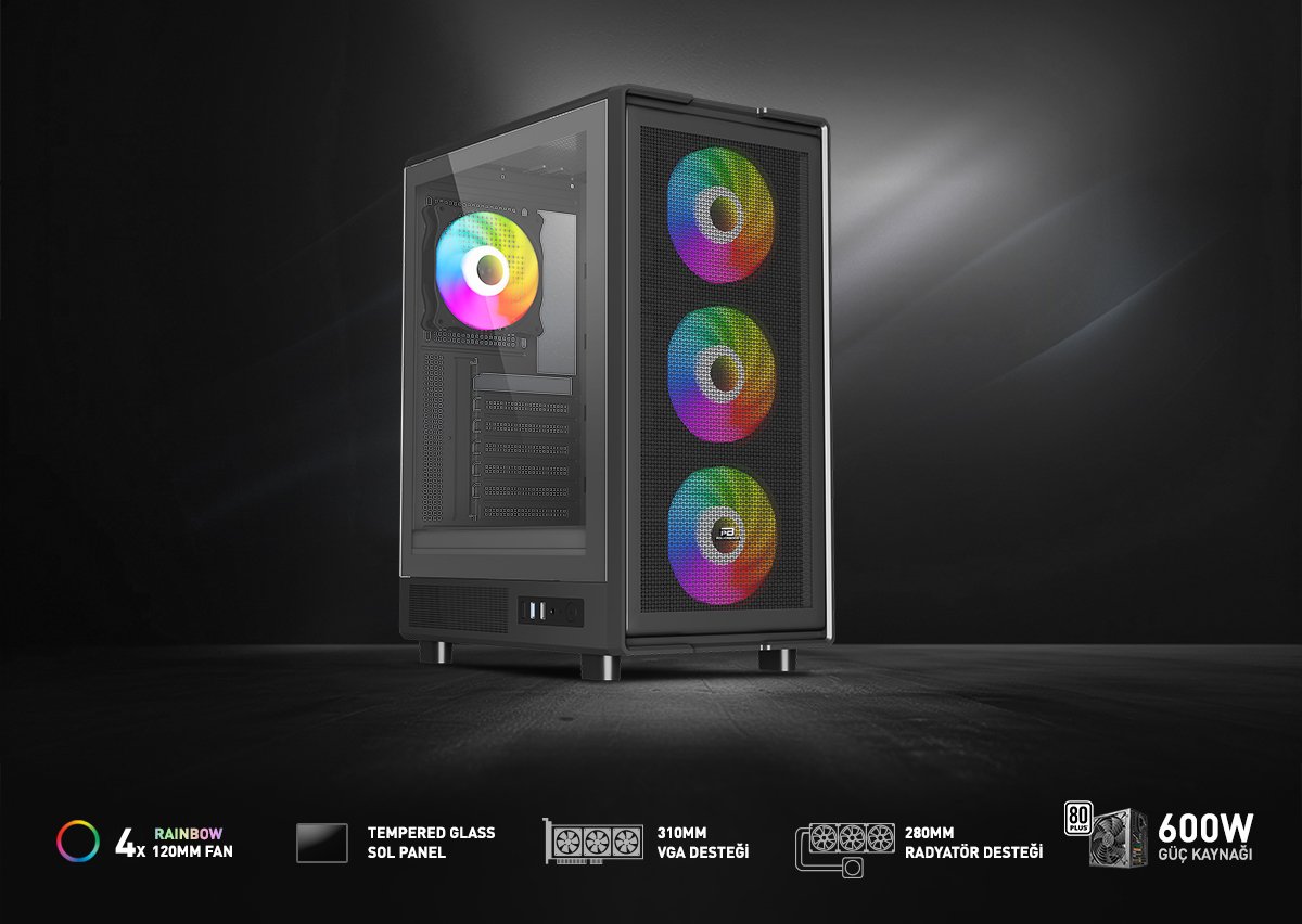 POWERBOOST 600W 80+ A601B 4-Rainbow Fanlı Gaming Mid-Tower PC Kasası