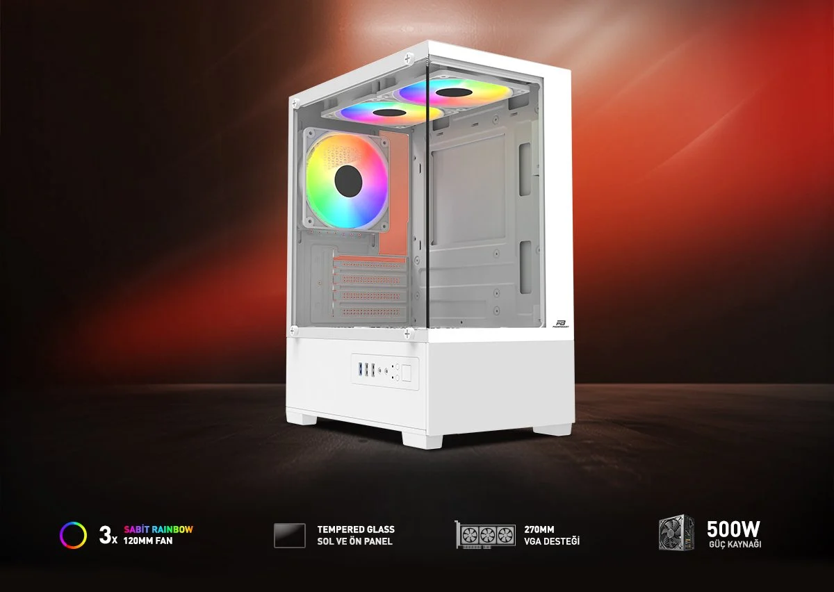 POWERBOOST 500W PB-M5001W 3-Rainbow Fanlı Gaming Micro-Tower PC Kasası Beyaz
