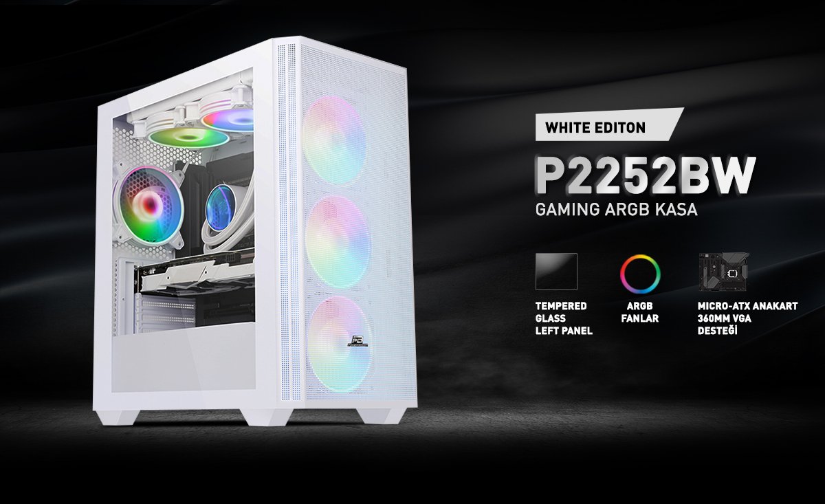 POWERBOOST PB-P2252BW 4-ARGB Fanlı Gaming Mid-Tower PC Kasası Beyaz