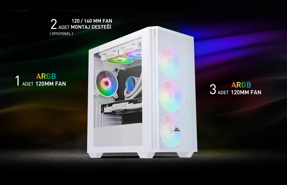 POWERBOOST PB-P2252BW 4-ARGB Fanlı Gaming Mid-Tower PC Kasası Beyaz