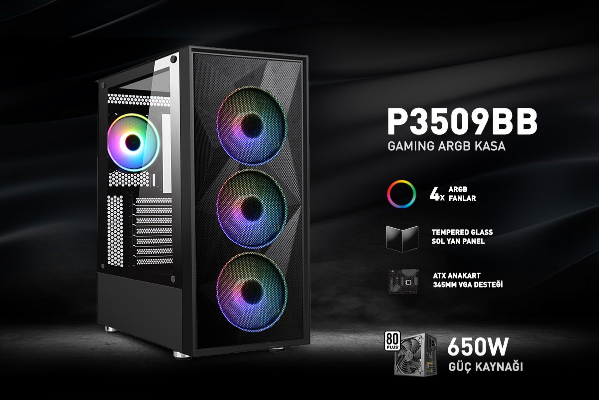 POWERBOOST 650W 80+ PB-P3509BB 4-ARGB Fanlı Gaming Mid-Tower PC Kasası