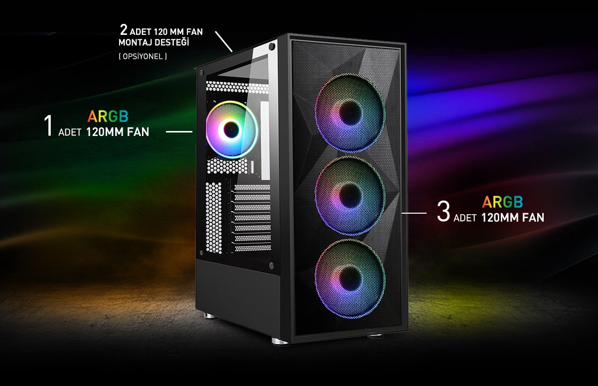 POWERBOOST 650W 80+ PB-P3509BB 4-ARGB Fanlı Gaming Mid-Tower PC Kasası