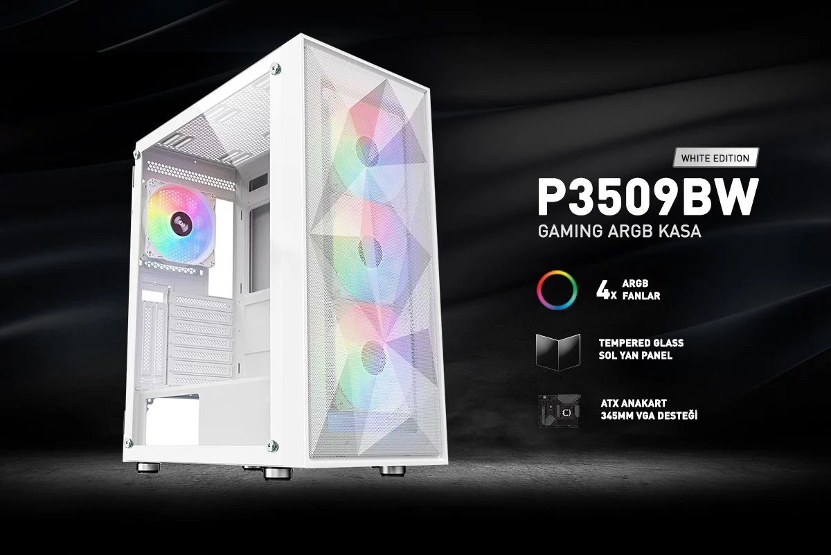 POWERBOOST PB-P3509BW 4-ARGB Fanlı Gaming Mid-Tower PC Kasası Beyaz
