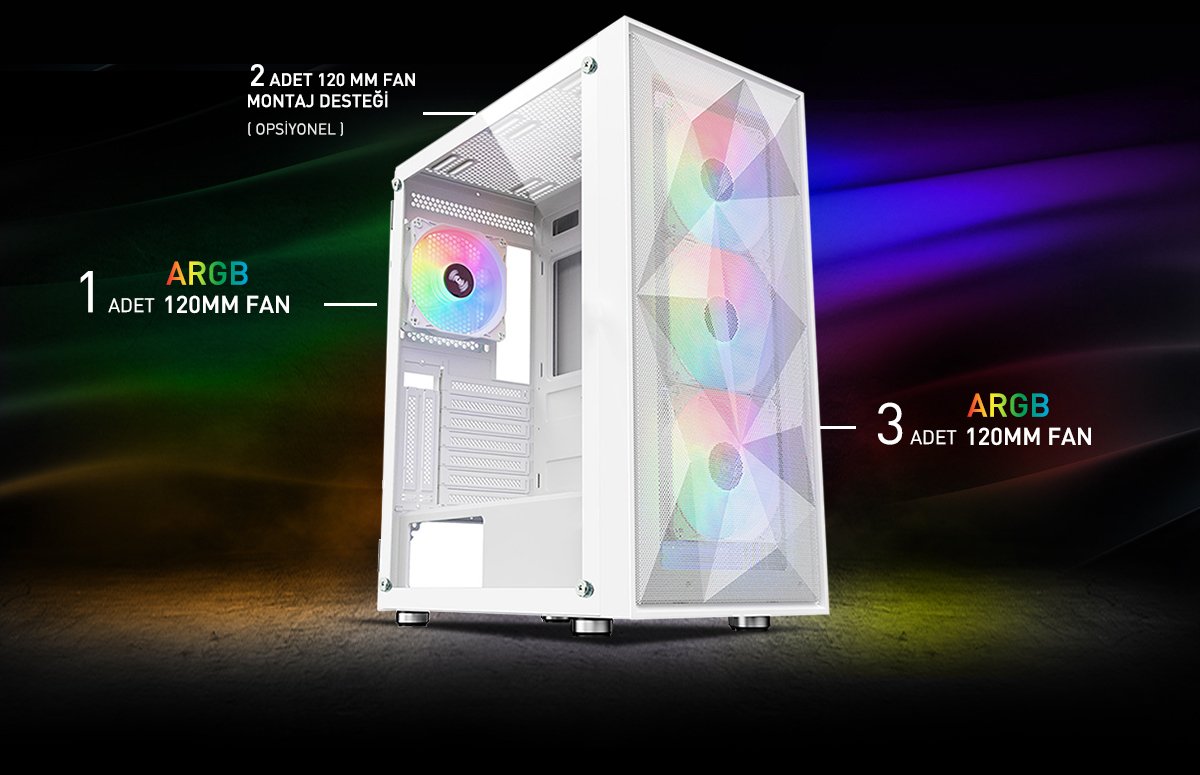 POWERBOOST PB-P3509BW 4-ARGB Fanlı Gaming Mid-Tower PC Kasası Beyaz