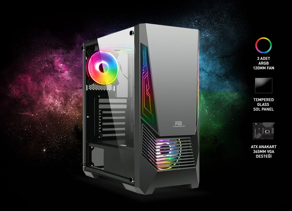 POWERBOOST VK-G2051S 3-ARGB Fanlı Gaming Mid-Tower PC Kasası
