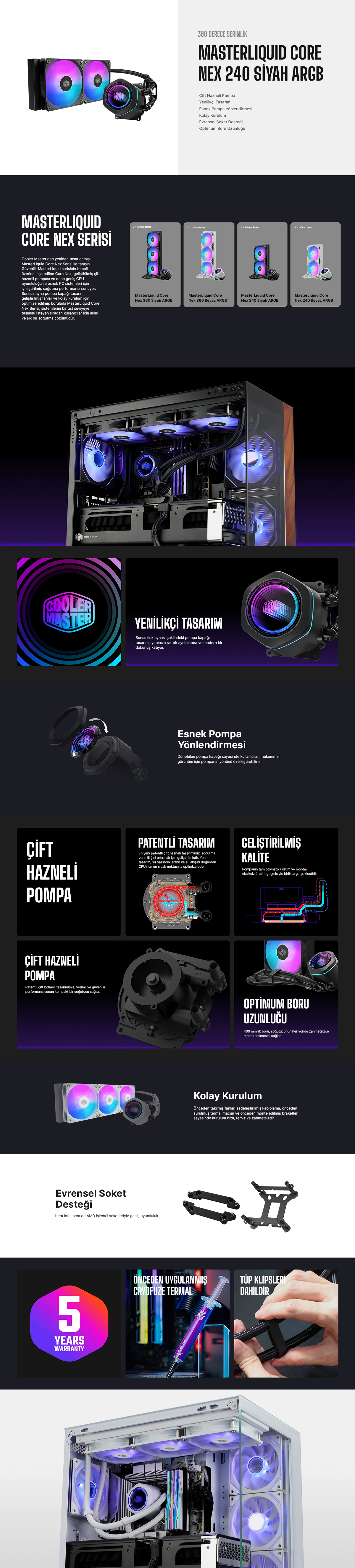 COOLERMASTER 240MM MasterLiquid Core Nex 240 MLX-D24M-A18PA-R1 ARGB AM5-1851p Sıvı Soğutmalı İşlemci Fanı