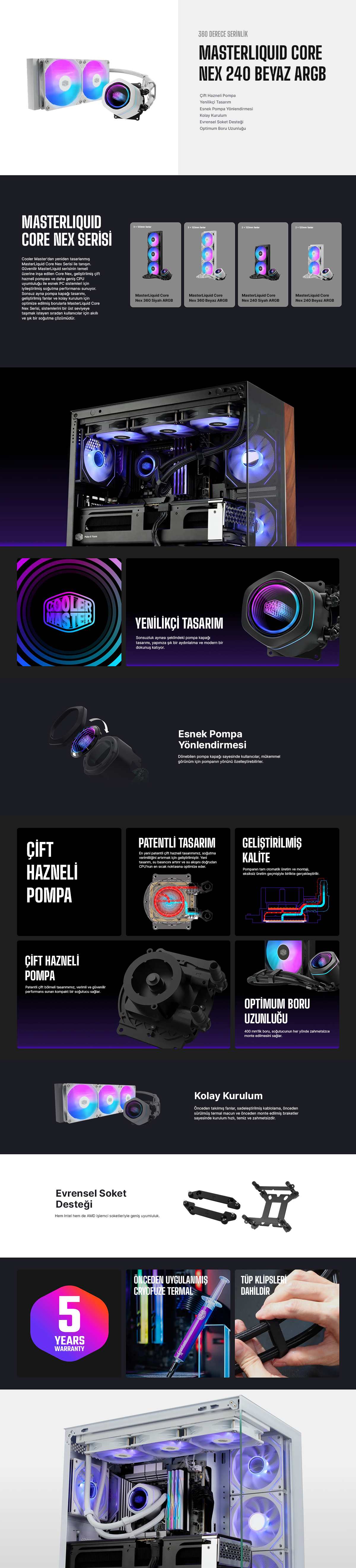 COOLERMASTER 240MM MasterLiquid Core Nex MLX-D24M-A18PA-RW ARGB AM5-1851p Sıvı Soğutmalı İşlemci Fanı Beyaz