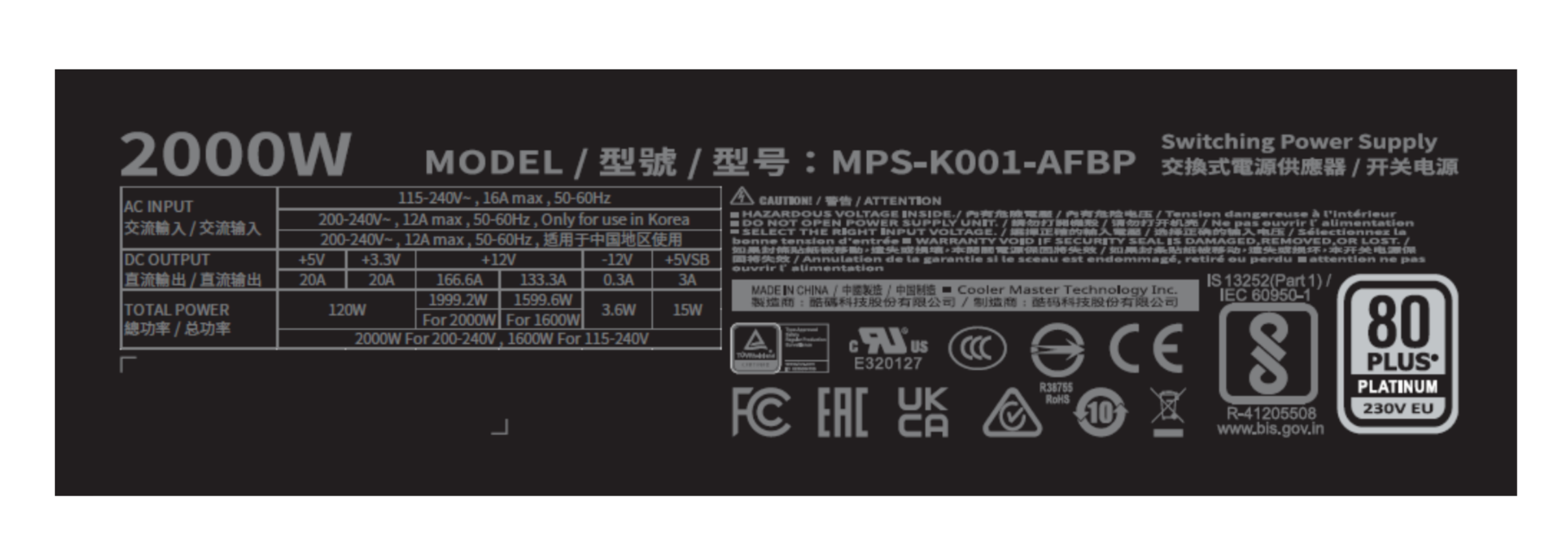 COOLERMASTER 2000w 80+ PLATINUM X Mighty MPS-K001-AFBP-NBEU Tam Modüler Power Supply ikinci görünüm