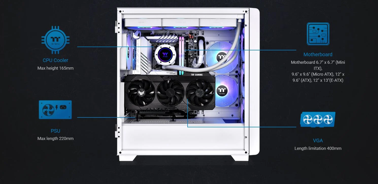 THERMALTAKE 750W 80+ BRONZE S250 CA-3Y6-75M6WE-00 4-ARGB Fanlı Gaming Mid-Tower PC Kasası Beyaz