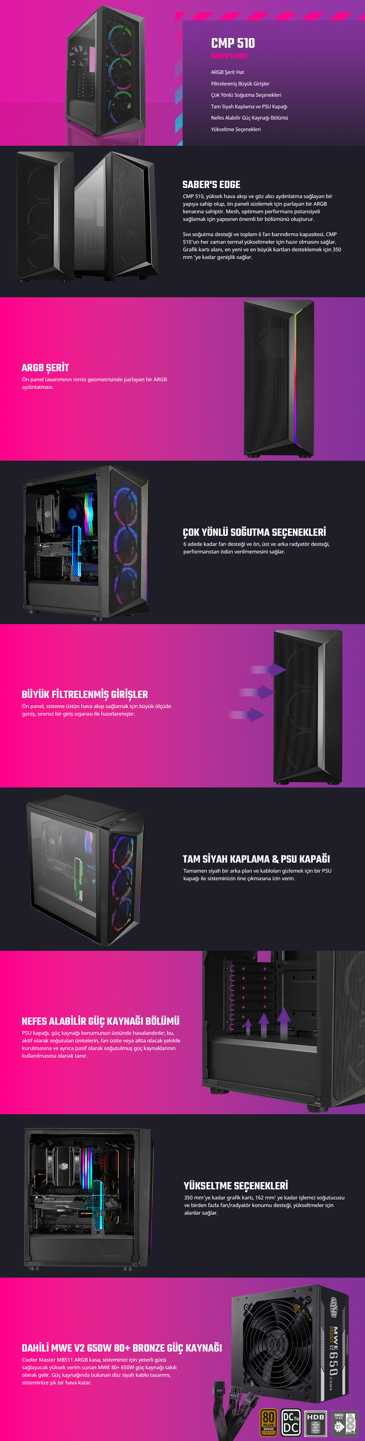 COOLERMASTER 650W 80+ BRONZE CMP510 TG CP510-KGNN65-S01 4-ARGB Fanlı Gaming Mid-Tower PC Kasası