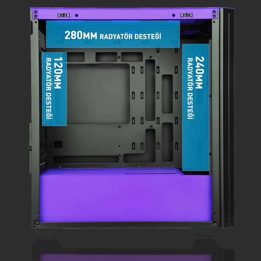 POWERBOOST PB-P2252BP 4-ARGB Fanlı Gaming Mid-Tower PC Kasası Mor-Siyah