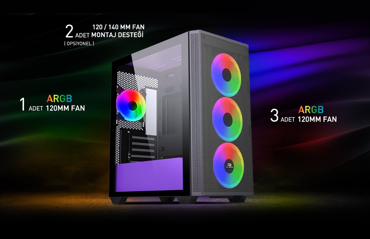 POWERBOOST PB-P2252BP 4-ARGB Fanlı Gaming Mid-Tower PC Kasası Mor-Siyah