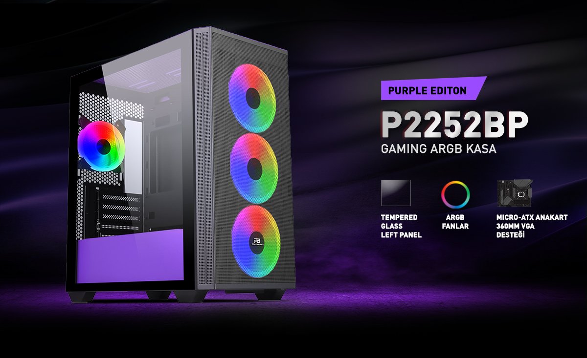 POWERBOOST PB-P2252BP 4-ARGB Fanlı Gaming Mid-Tower PC Kasası Mor-Siyah
