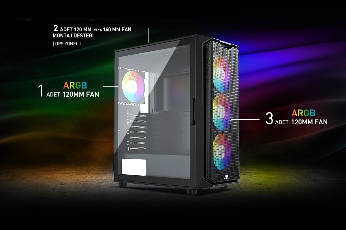POWERBOOST 750W 80+ BRONZE PB-P521B 4-RGB Fanlı Gaming Mid-Tower PC Kasası