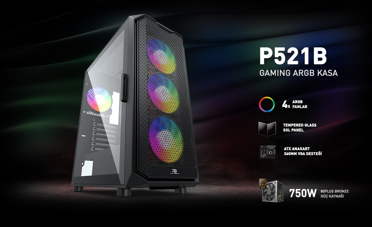 POWERBOOST 750W 80+ BRONZE PB-P521B 4-RGB Fanlı Gaming Mid-Tower PC Kasası